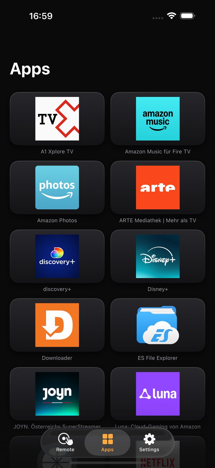 The apps screen showing the apps installed on the Stick as labelled tiles